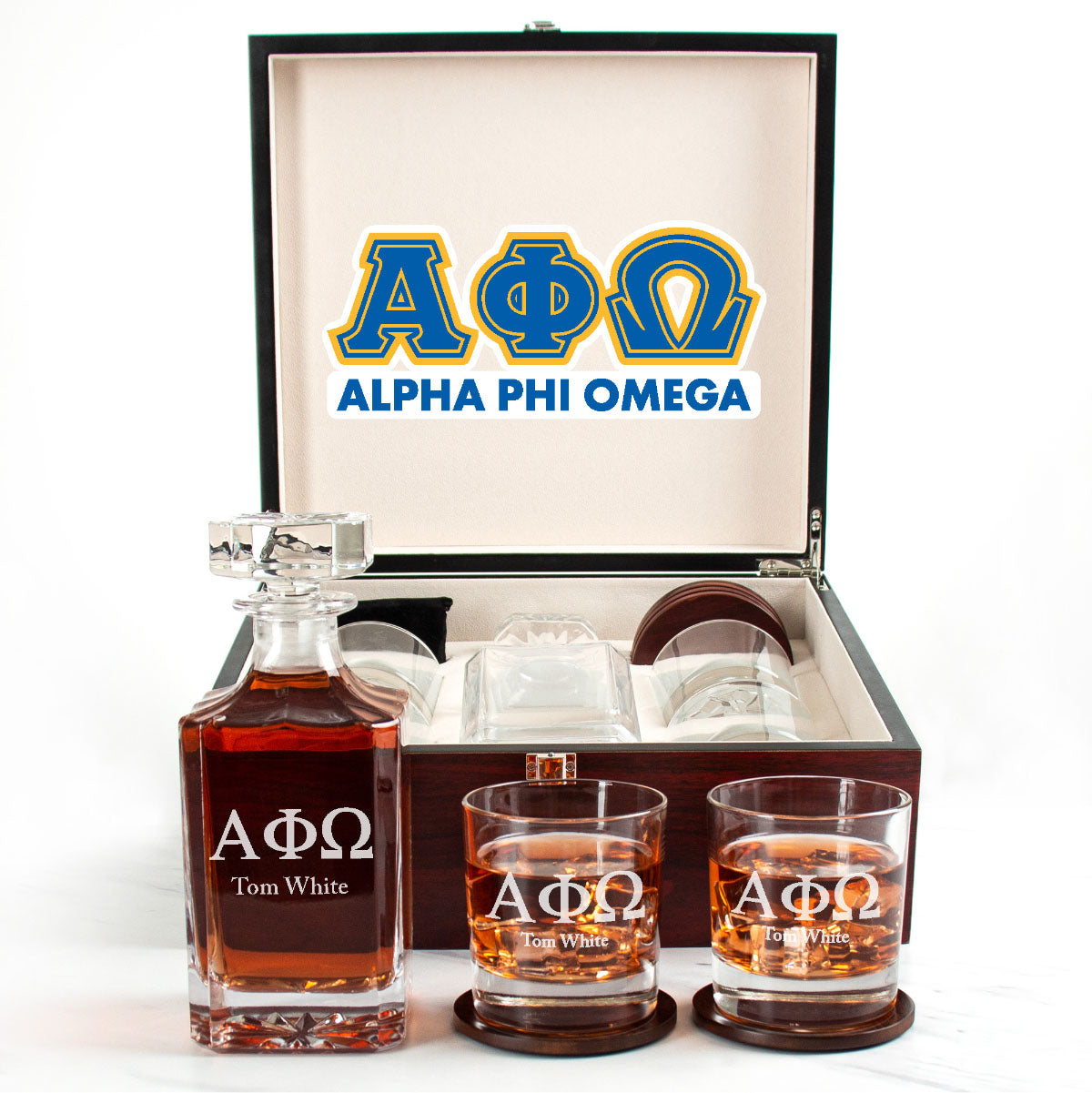 Alpha Phi Omega Cherry Wood Decanter Wood Gift Box Set With Rocks Glasses