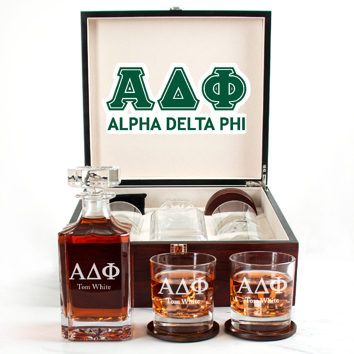 Alpha Delta Phi Cherry Wood Decanter Wood Gift Box Set With Rocks Glasses