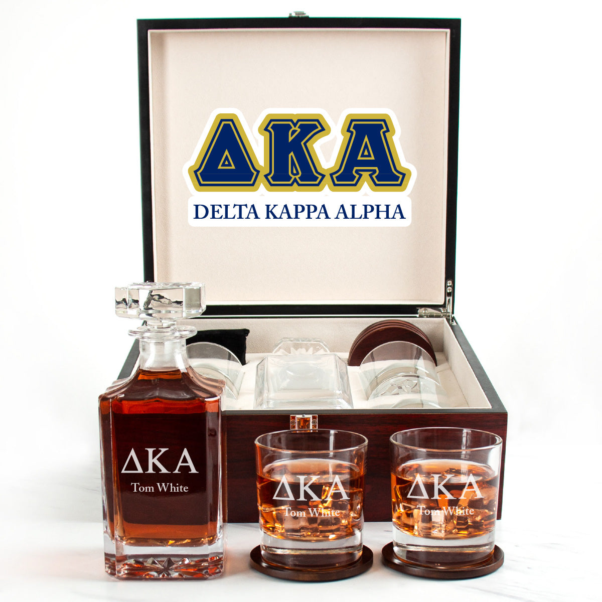 Delta Kappa Alpha Cherry Wood Decanter Wood Gift Box Set With Rocks Glasses