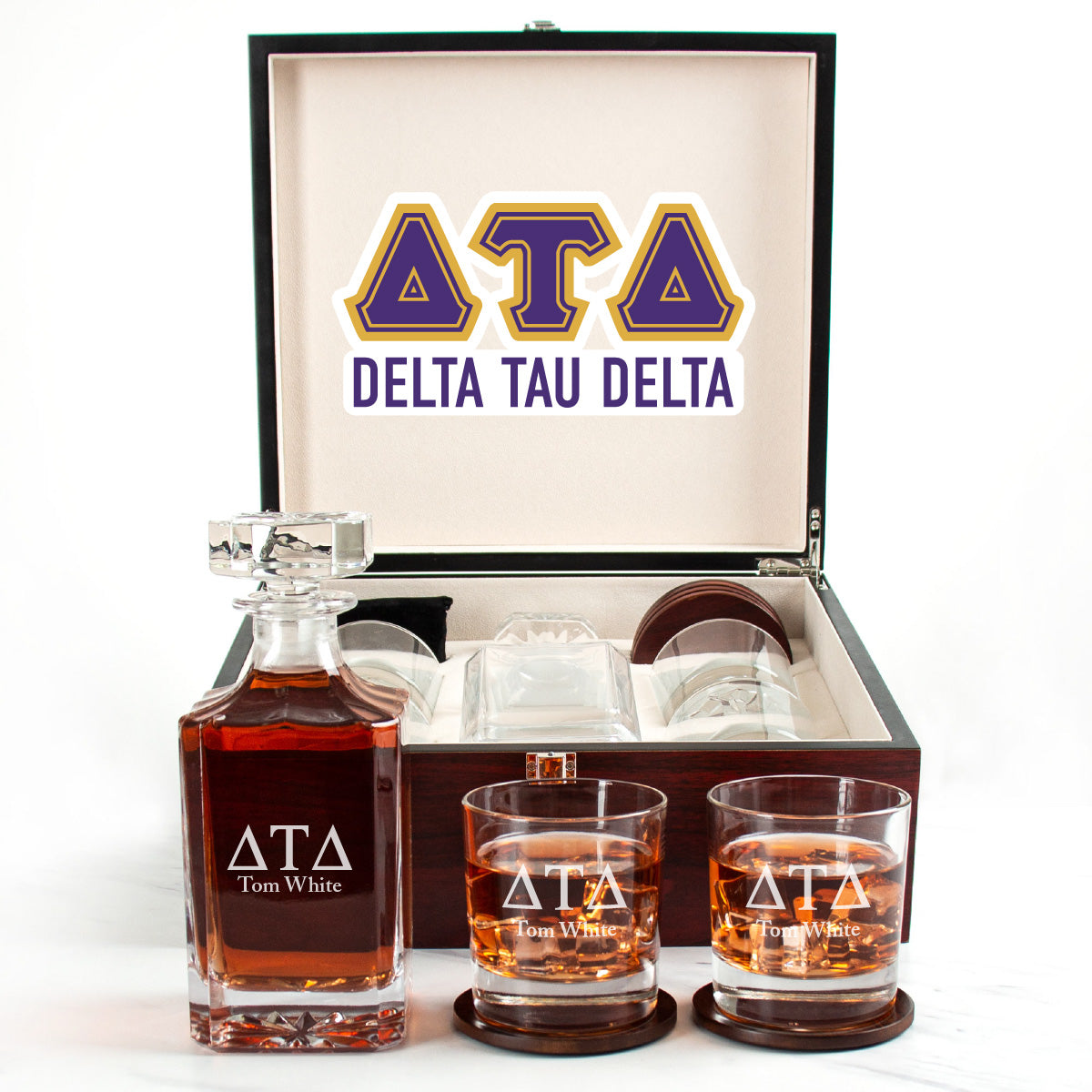 Delta Tau Delta Cherry Wood Decanter Wood Gift Box Set With Rocks Glasses