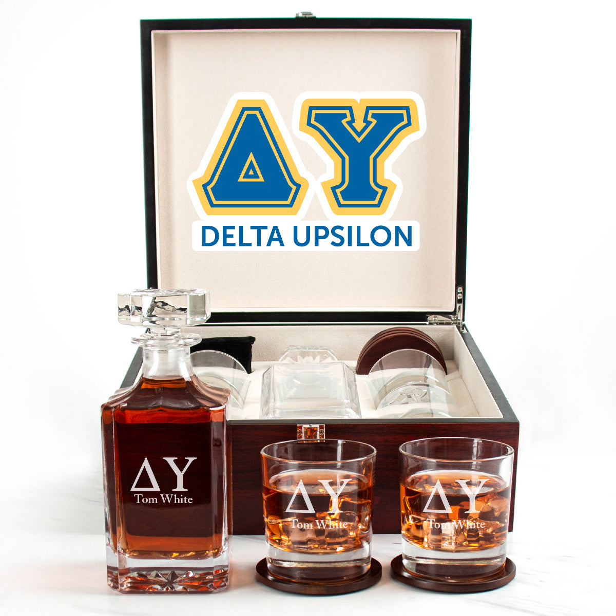 Delta Upsilon Cherry Wood Decanter Wood Gift Box Set With Rocks Glasses