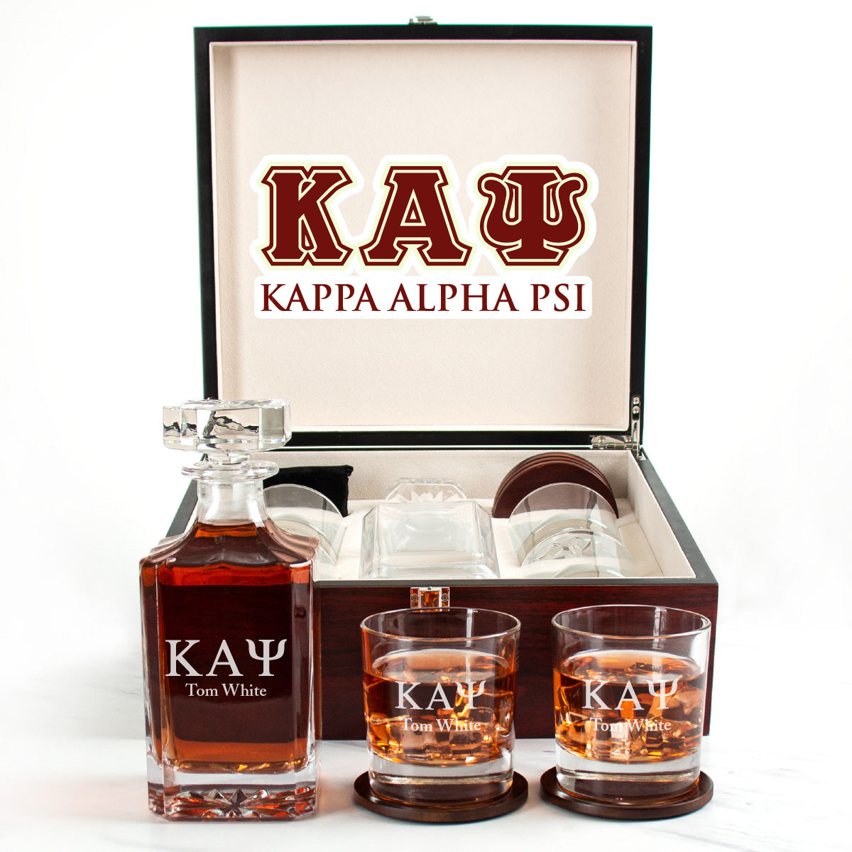 Kappa Alpha Psi Cherry Wood Decanter Wood Gift Box Set With Rocks Glasses