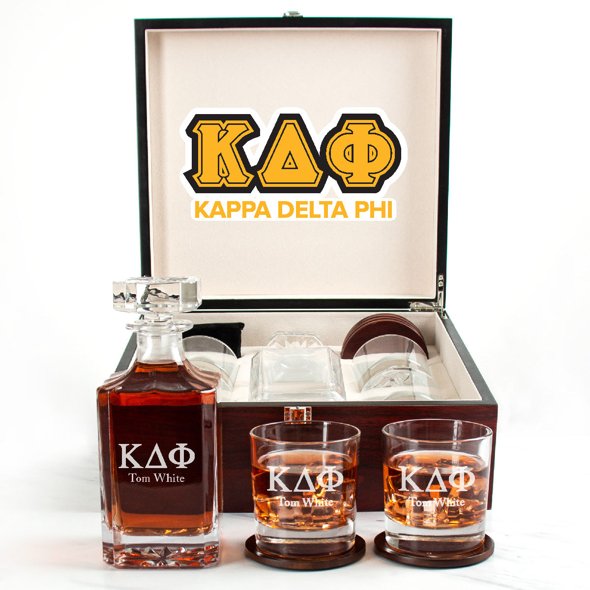 Kappa Delta Phi Cherry Wood Decanter Wood Gift Box Set With Rocks Glasses