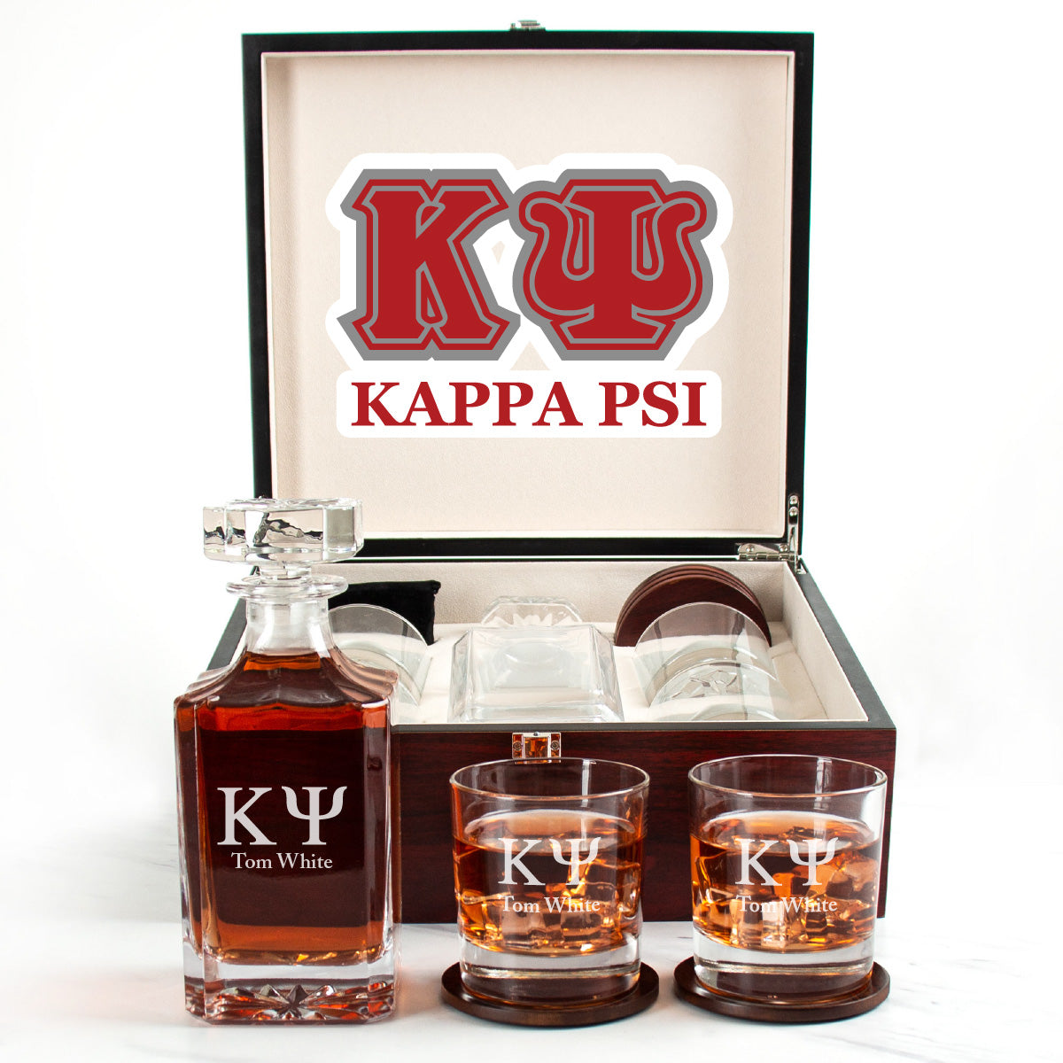 Kappa Psi Cherry Wood Decanter Wood Gift Box Set With Rocks Glasses
