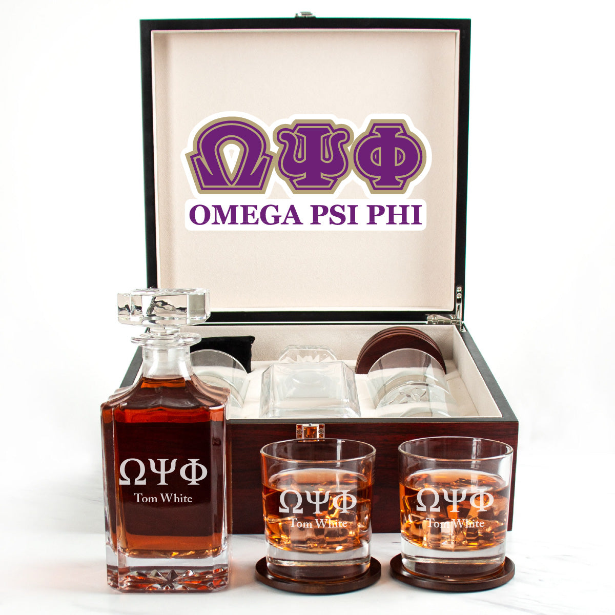 Omega Psi Phi Cherry Wood Decanter Wood Gift Box Set With Rocks Glasses