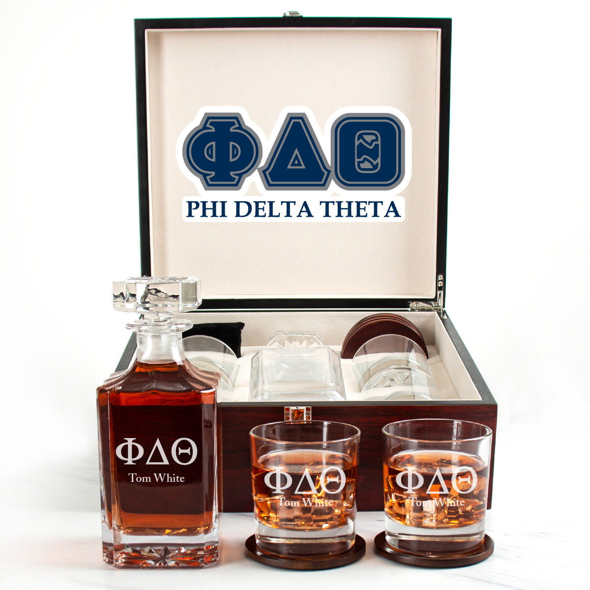 Phi Delta Theta Cherry Wood Decanter Wood Gift Box Set With Rocks Glasses