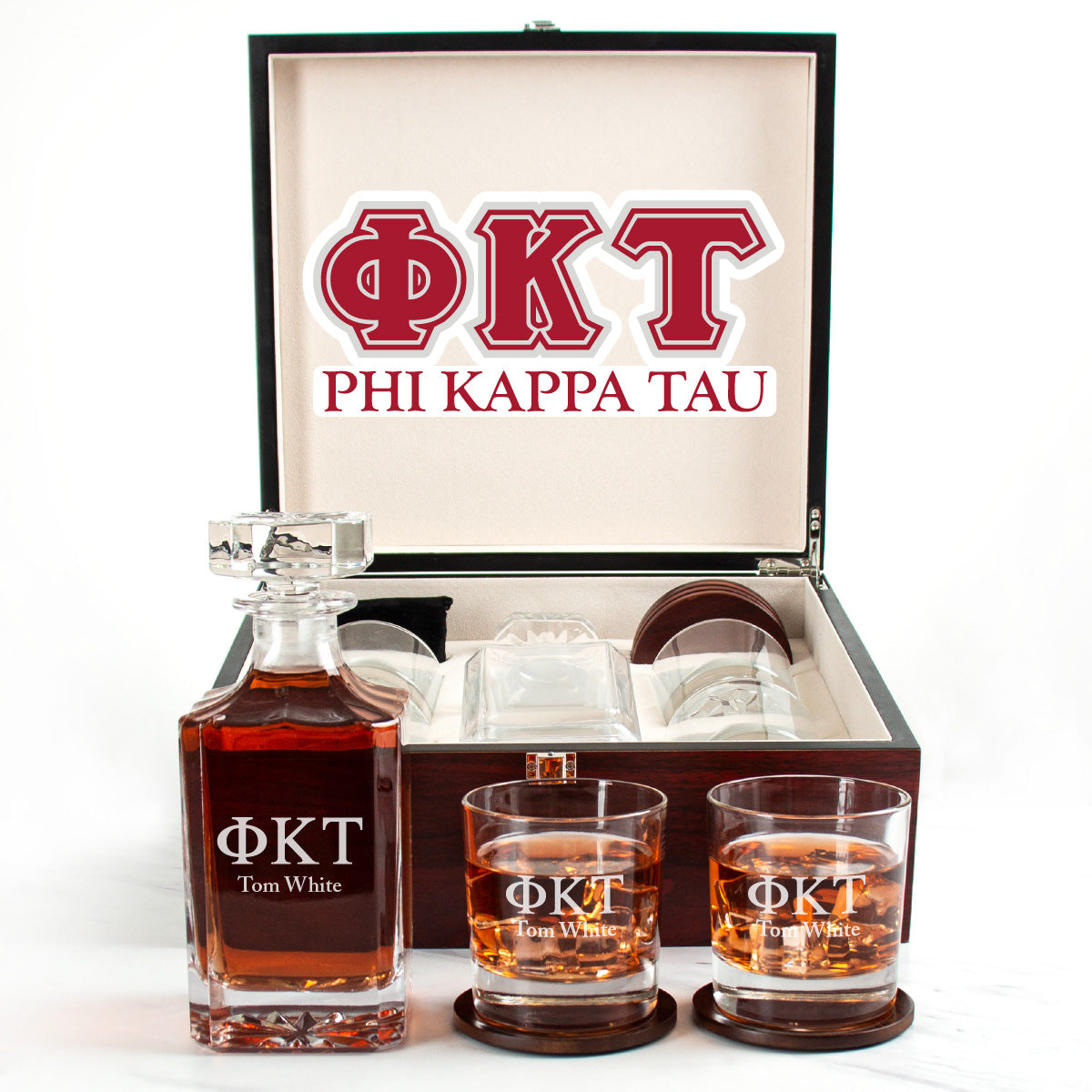 Phi Kappa Tau Cherry Wood Decanter Wood Gift Box Set With Rocks Glasses