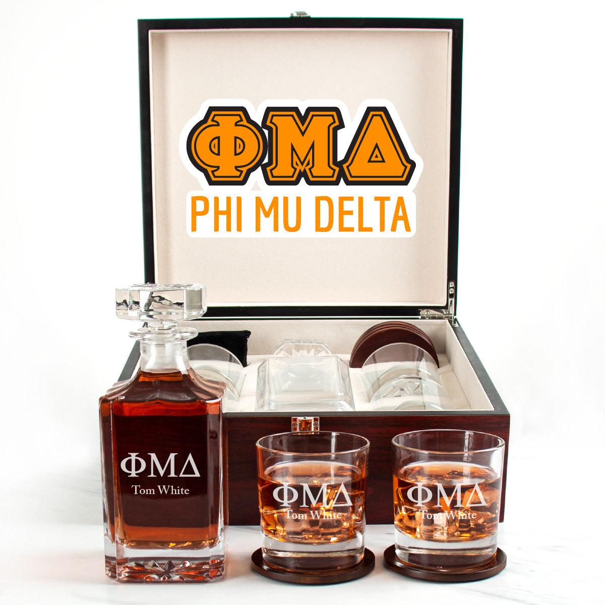 Phi Mu Delta Cherry Wood Decanter Wood Gift Box Set With Rocks Glasses
