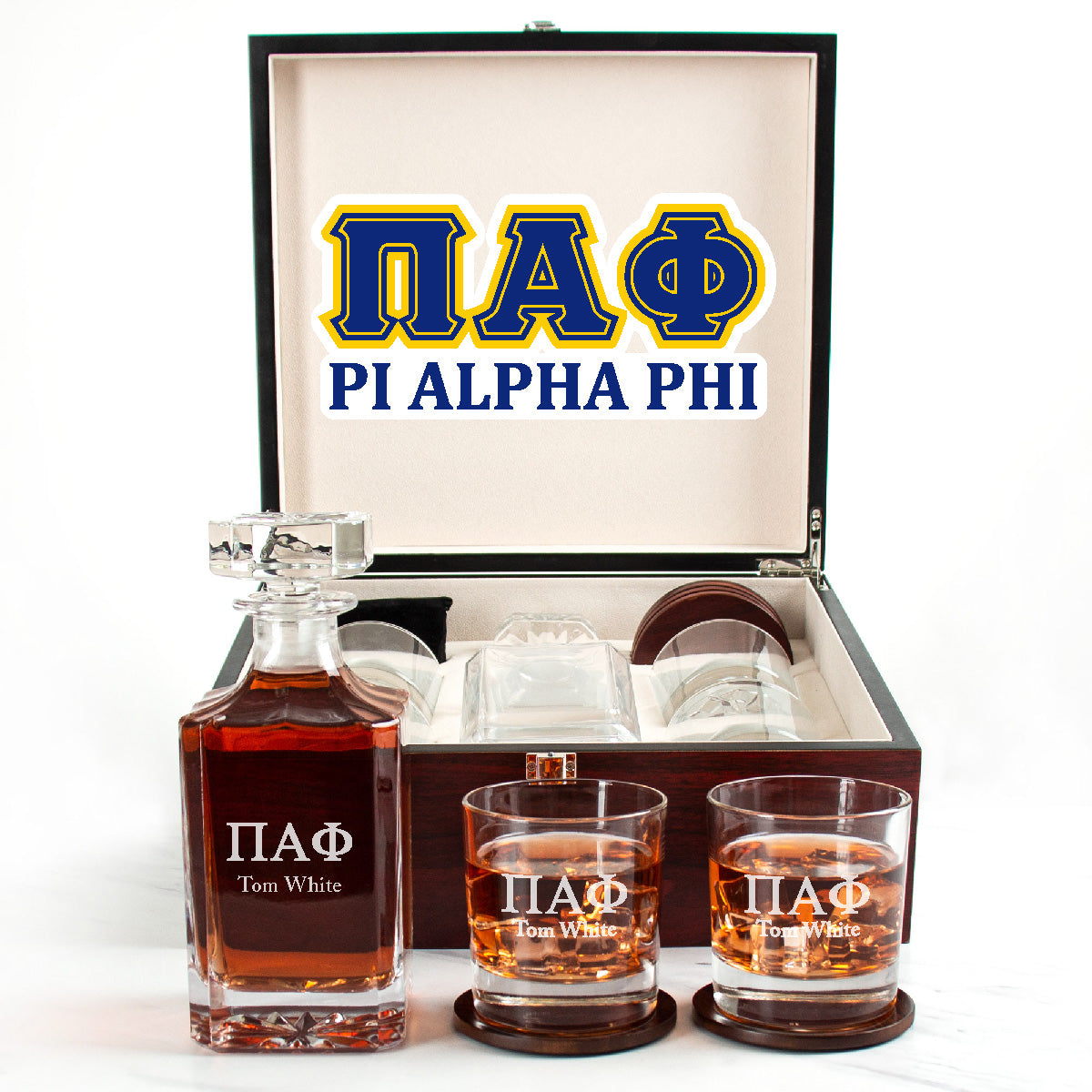Pi Alpha Phi Cherry Wood Decanter Wood Gift Box Set With Rocks Glasses