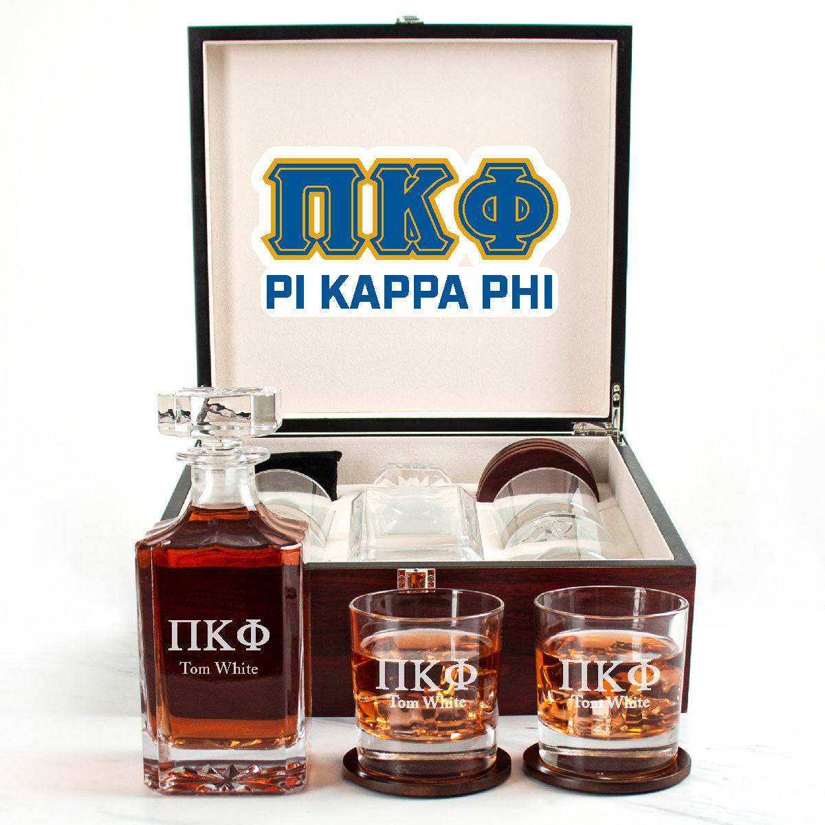 Pi Kappa Phi Cherry Wood Decanter Wood Gift Box Set With Rocks Glasses