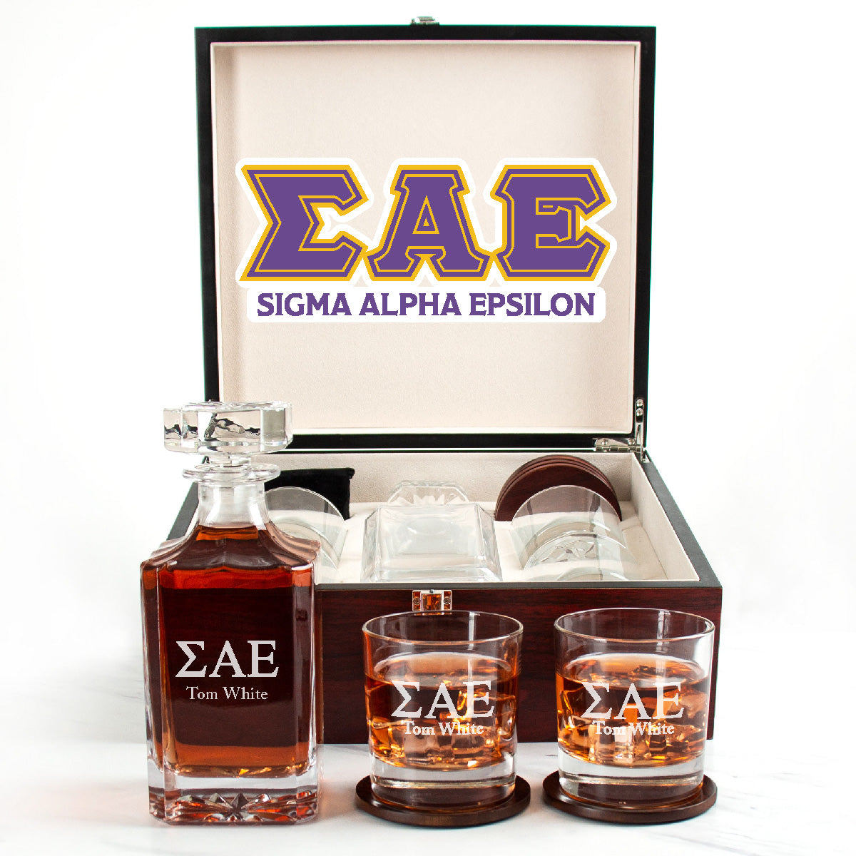 Sigma Alpha Epsilon Cherry Wood Decanter Wood Gift Box Set With Rocks Glasses