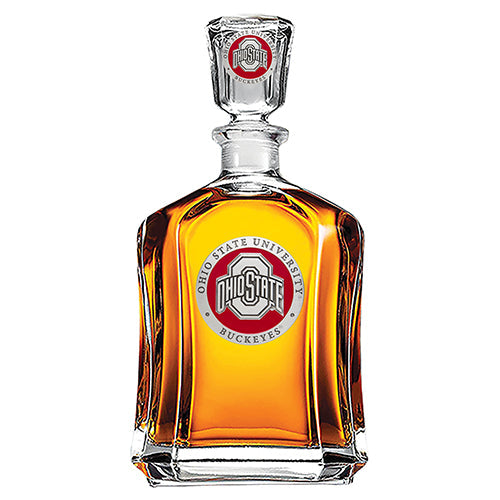 Glass decanter with Ohio State University logo on a white background