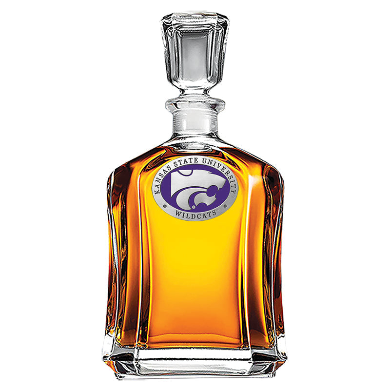 Glass decanter with Kansas State University Wildcats logo on a white background