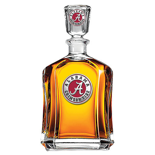 Alcohol decanter with Alabama Crimson Tide logo on a white background