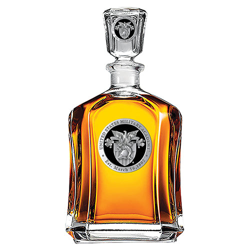 Glass decanter with a military emblem on a white background