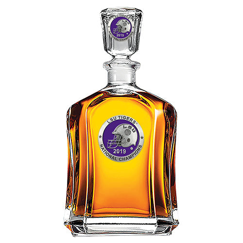 Glass decanter with LSU Tigers 2019 national champions emblem on a white background