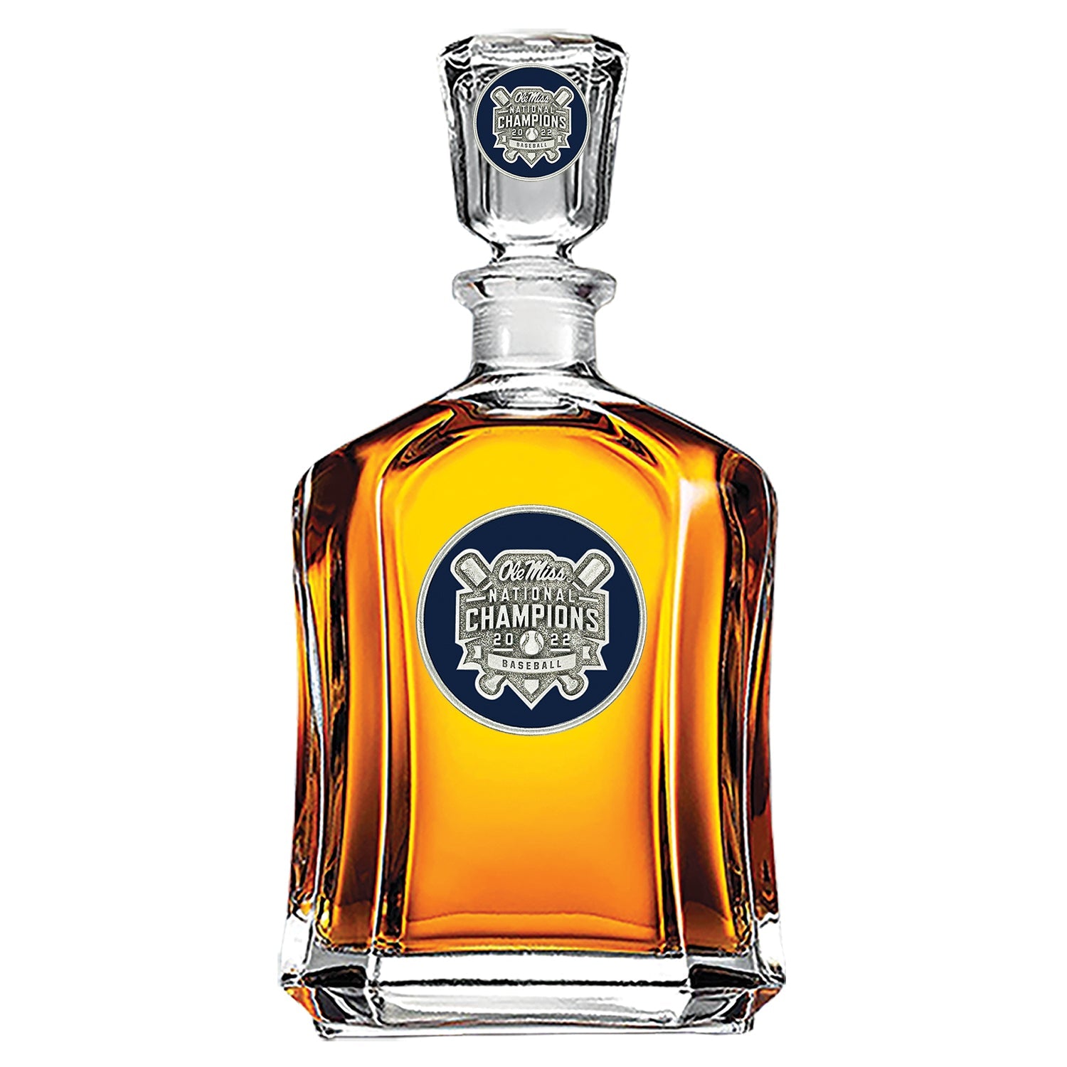 Whiskey decanter with a prominent label on a white background