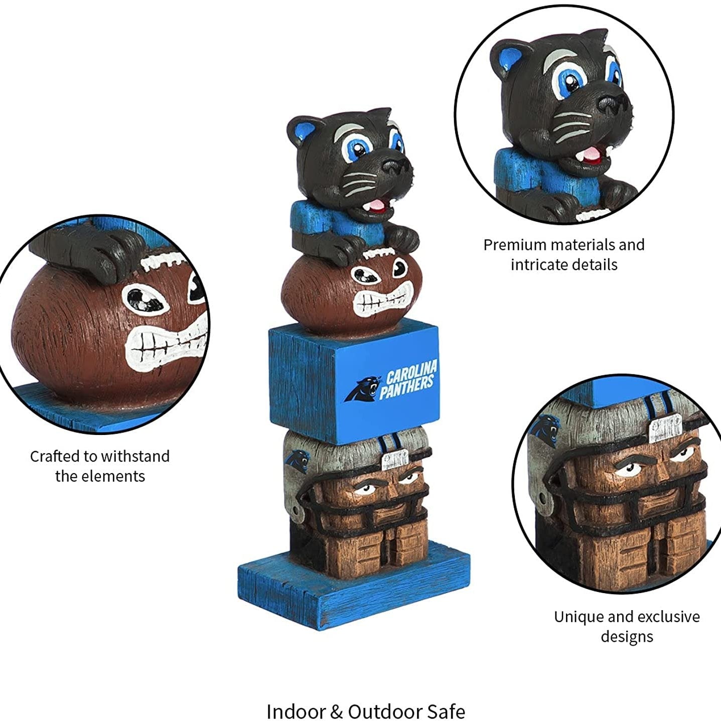 Carolina Panthers-themed totem pole with panther mascot and football, featuring close-up details on a white background.