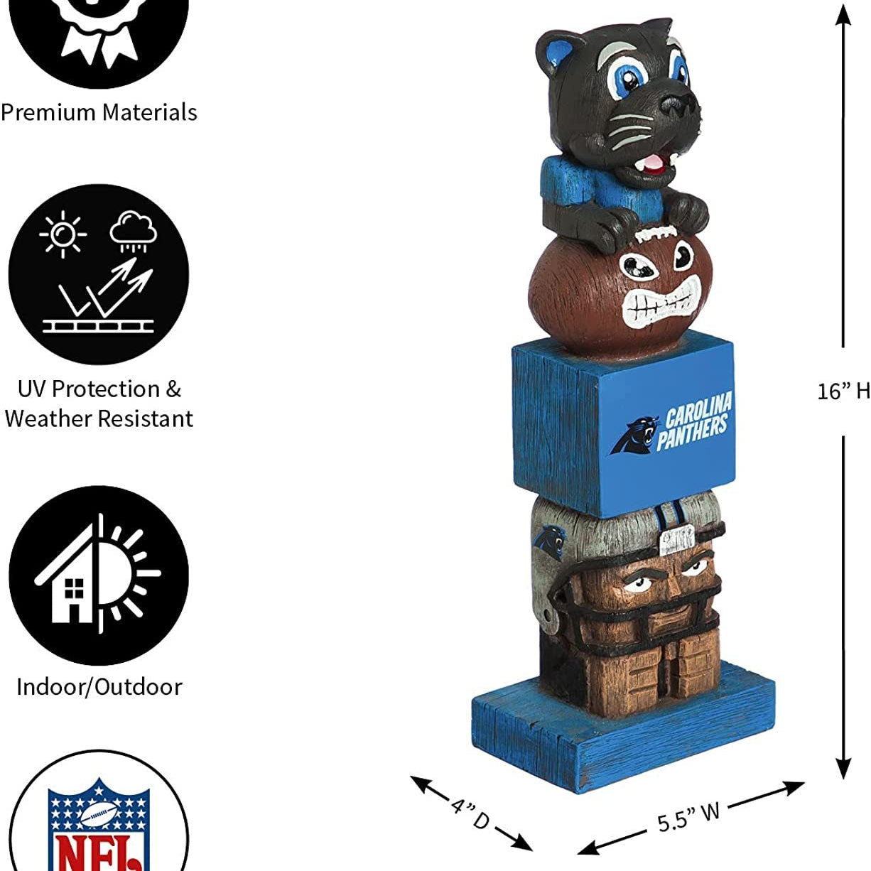 Carolina Panthers-themed totem pole with dimensions and features on a white background