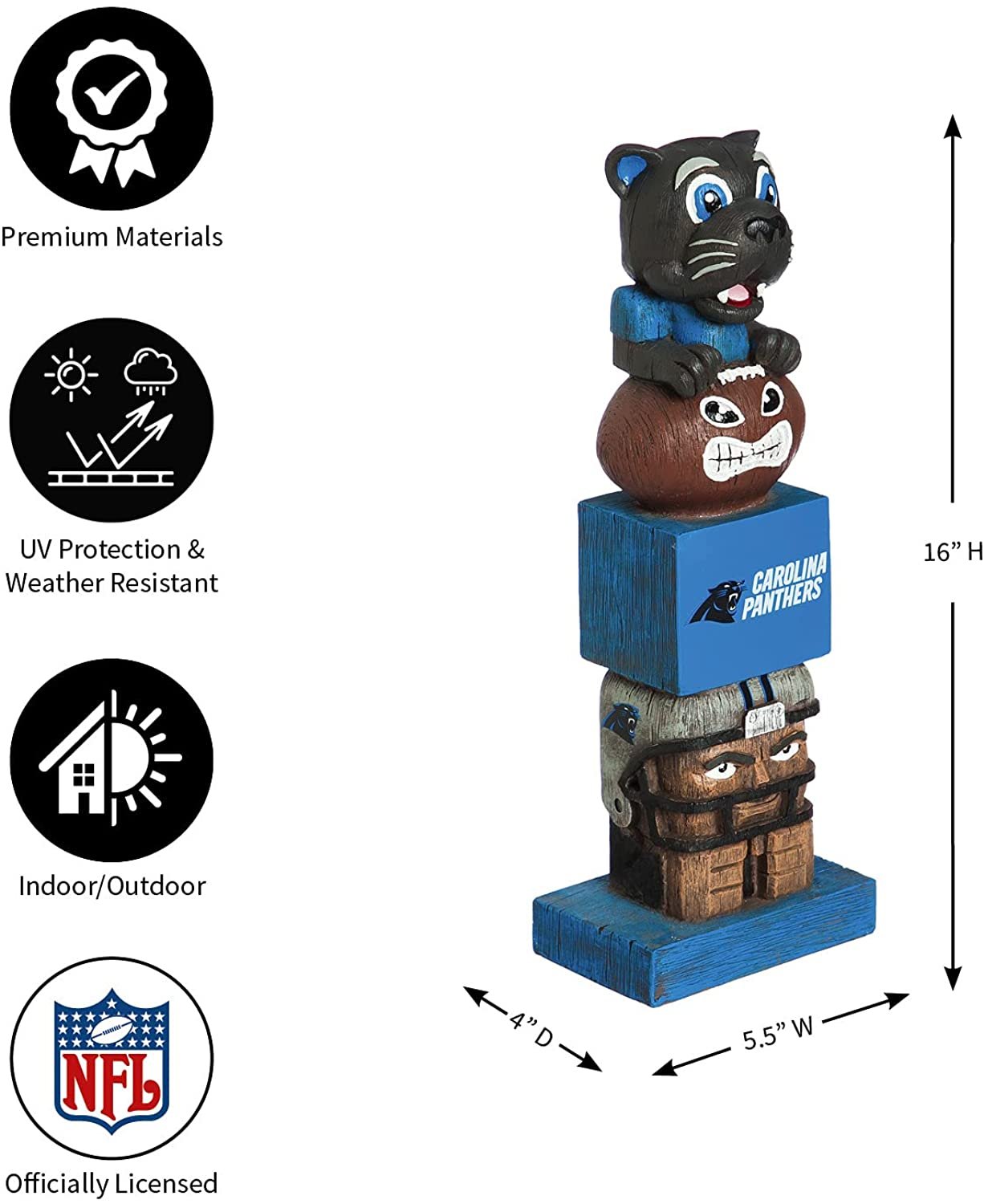 Carolina Panthers-themed totem pole with dimensions and features on a white background