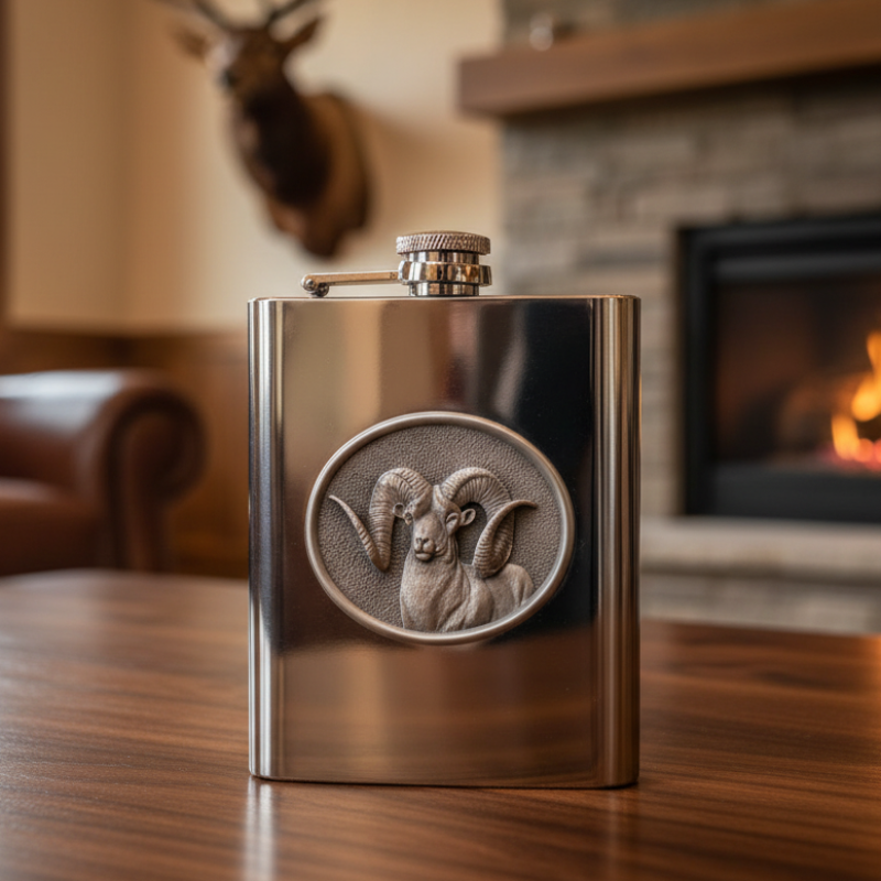 Chadwick Ram 8oz Stainless Steel Flask - Fine Pewter Bighorn Casting - Made in USA