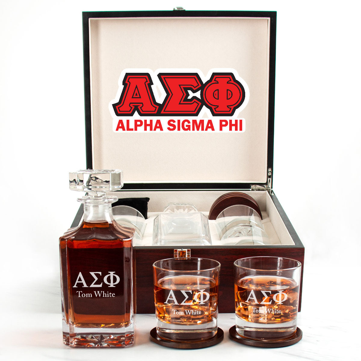 Alpha Sigma Phi Cherry Wood Decanter Wood Gift Box Set With Rocks Glasses