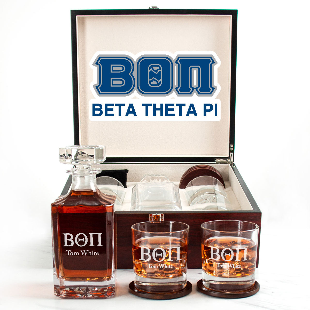 Beta Theta Pi Cherry Wood Decanter Wood Gift Box Set With Rocks Glasses