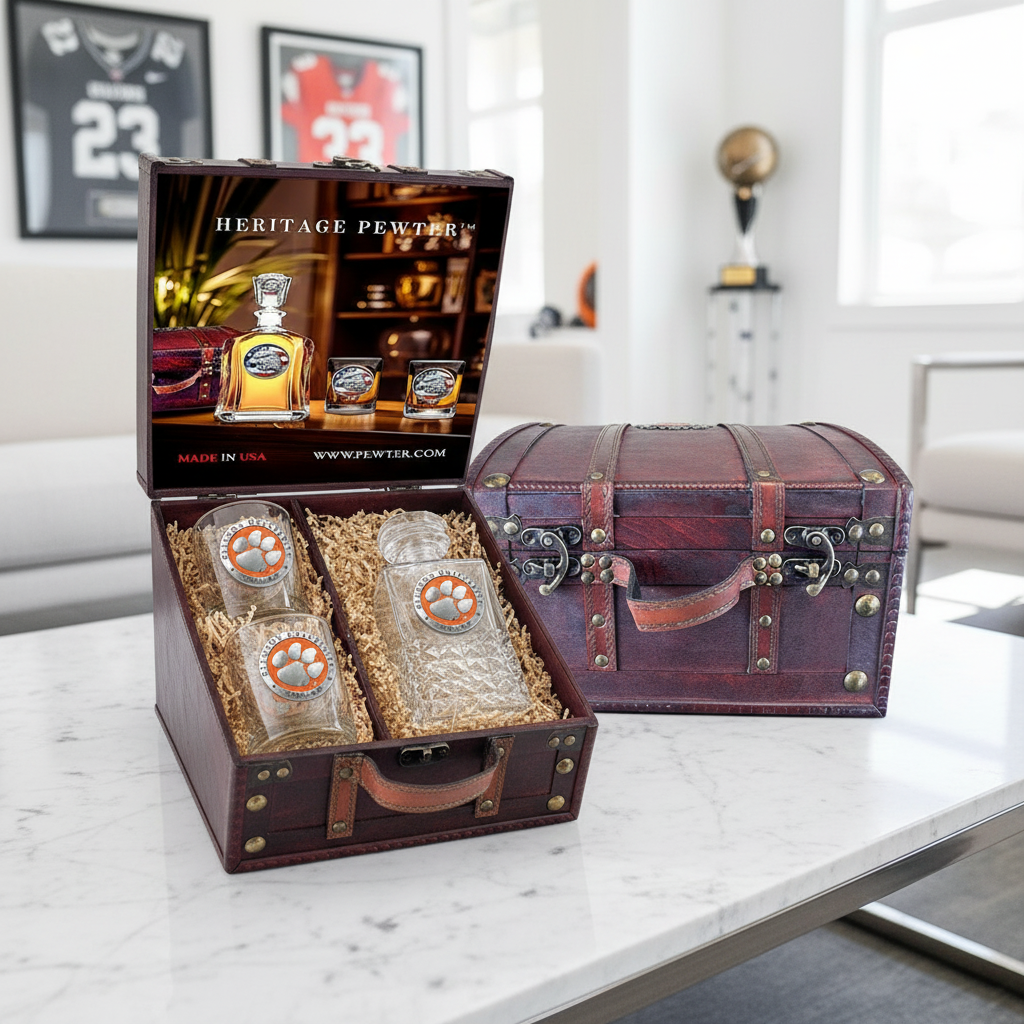 Clemson Tigers Decanter Set w/ 2 Glasses & Large Chest Box – Made in USA