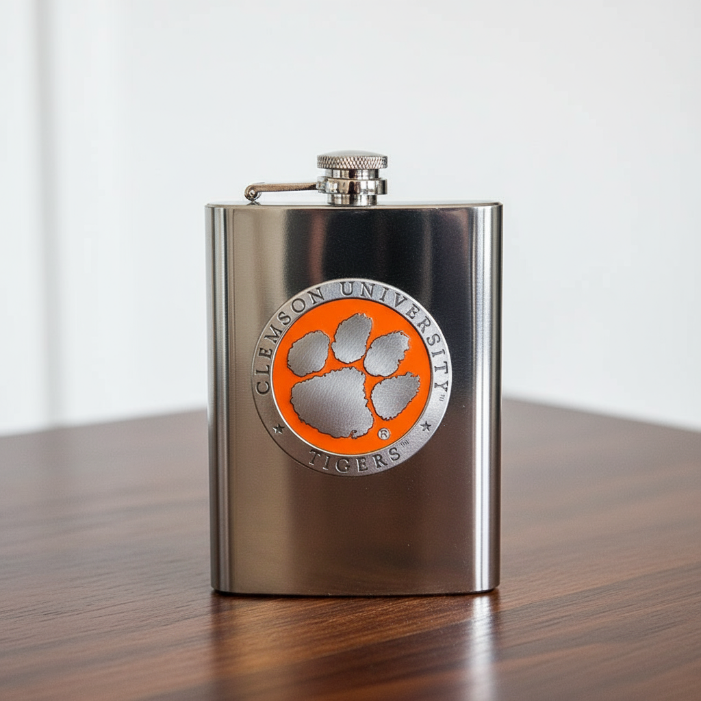 Stainless steel flask with Clemson University logo on a white background
