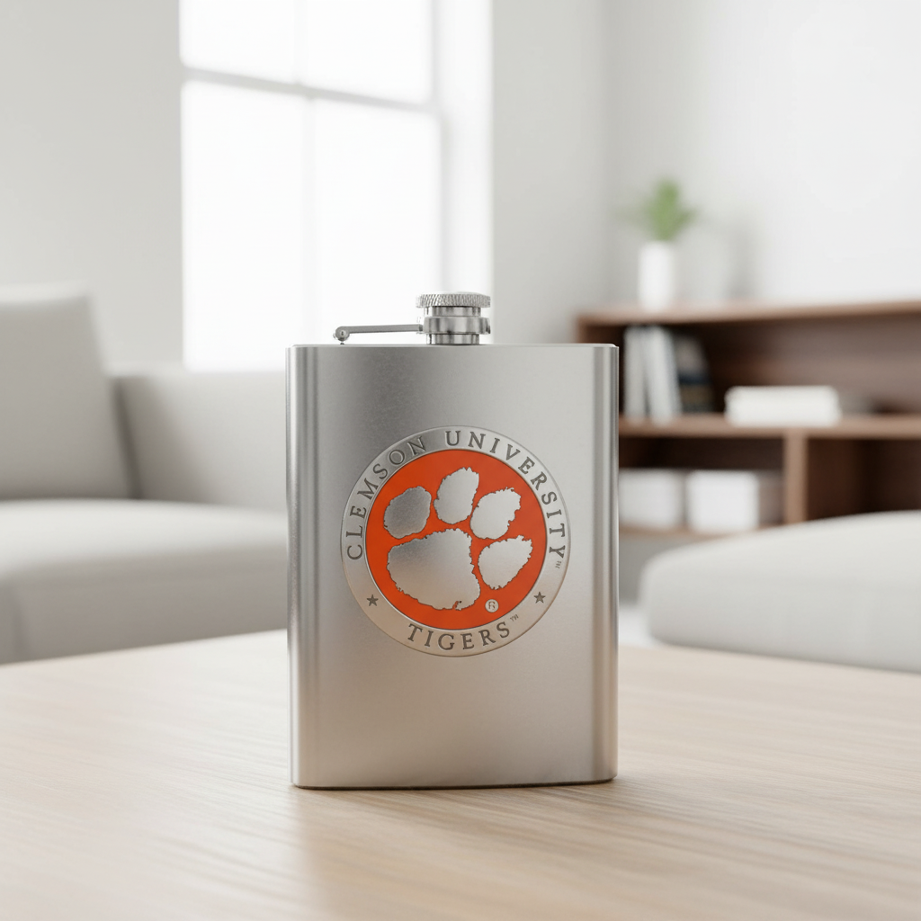 Stainless steel flask with Clemson University logo on a white background