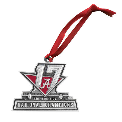 Decorative ornament with 'Crimson Tide National Champions' text and red ribbon on a white background
