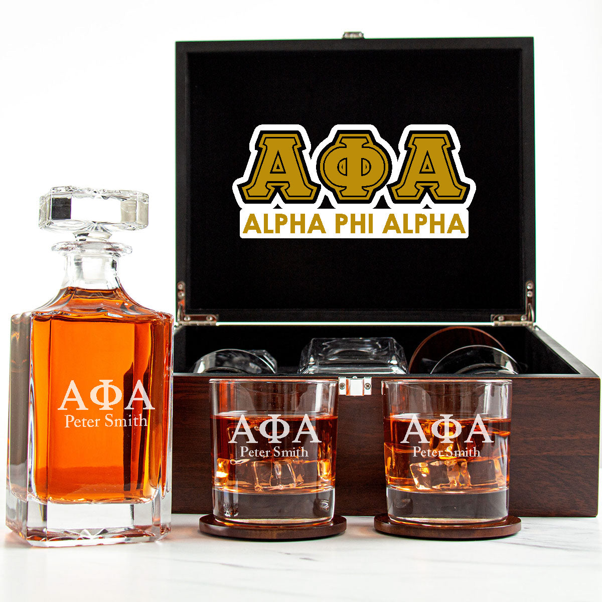 Alpha Phi Alpha Decanter Set With Dark Brown Wood Gift Box