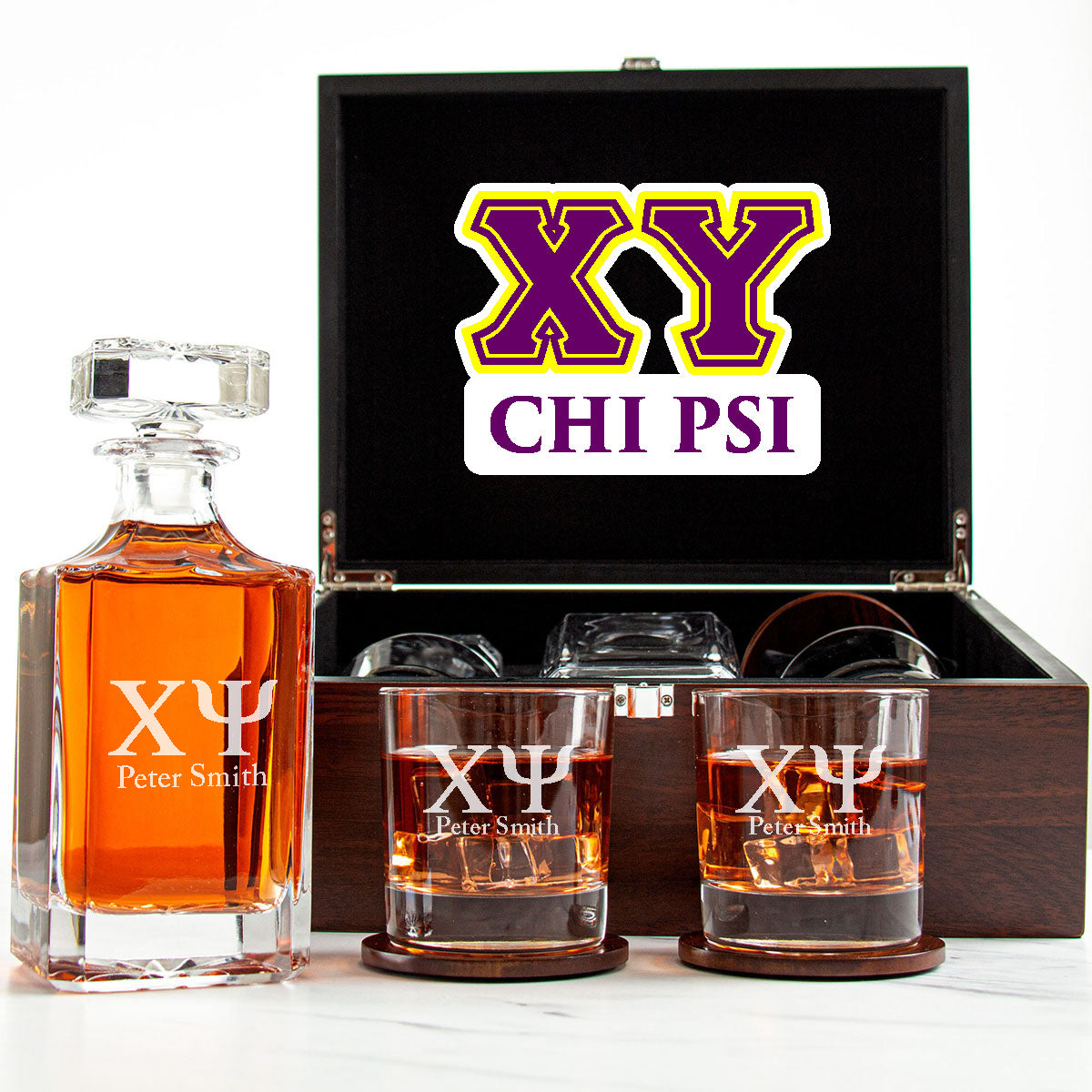 Chi Psi Decanter Set With Dark Brown Wood Gift Box