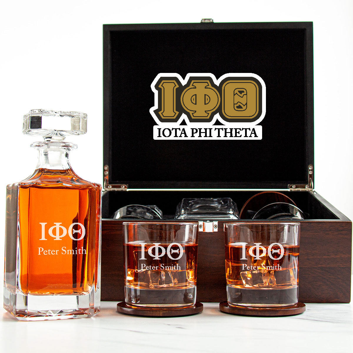 Iota Phi Theta Decanter Set With Dark Brown Wood Gift Box