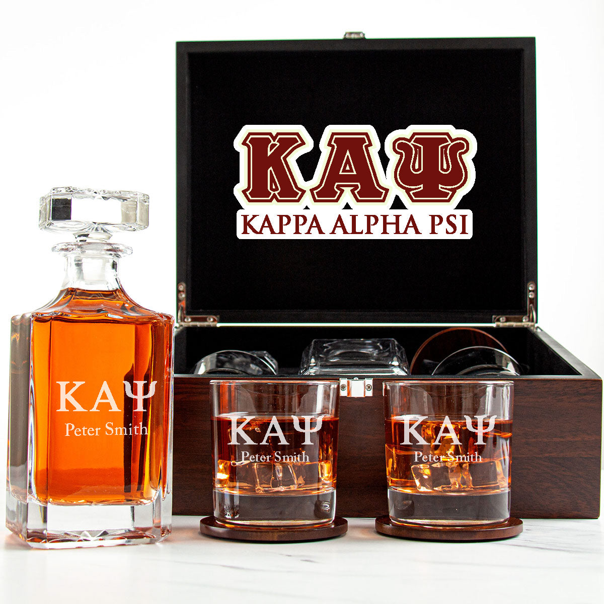 Kappa Alpha Psi Decanter Set With Dark Brown Wood Gift Box