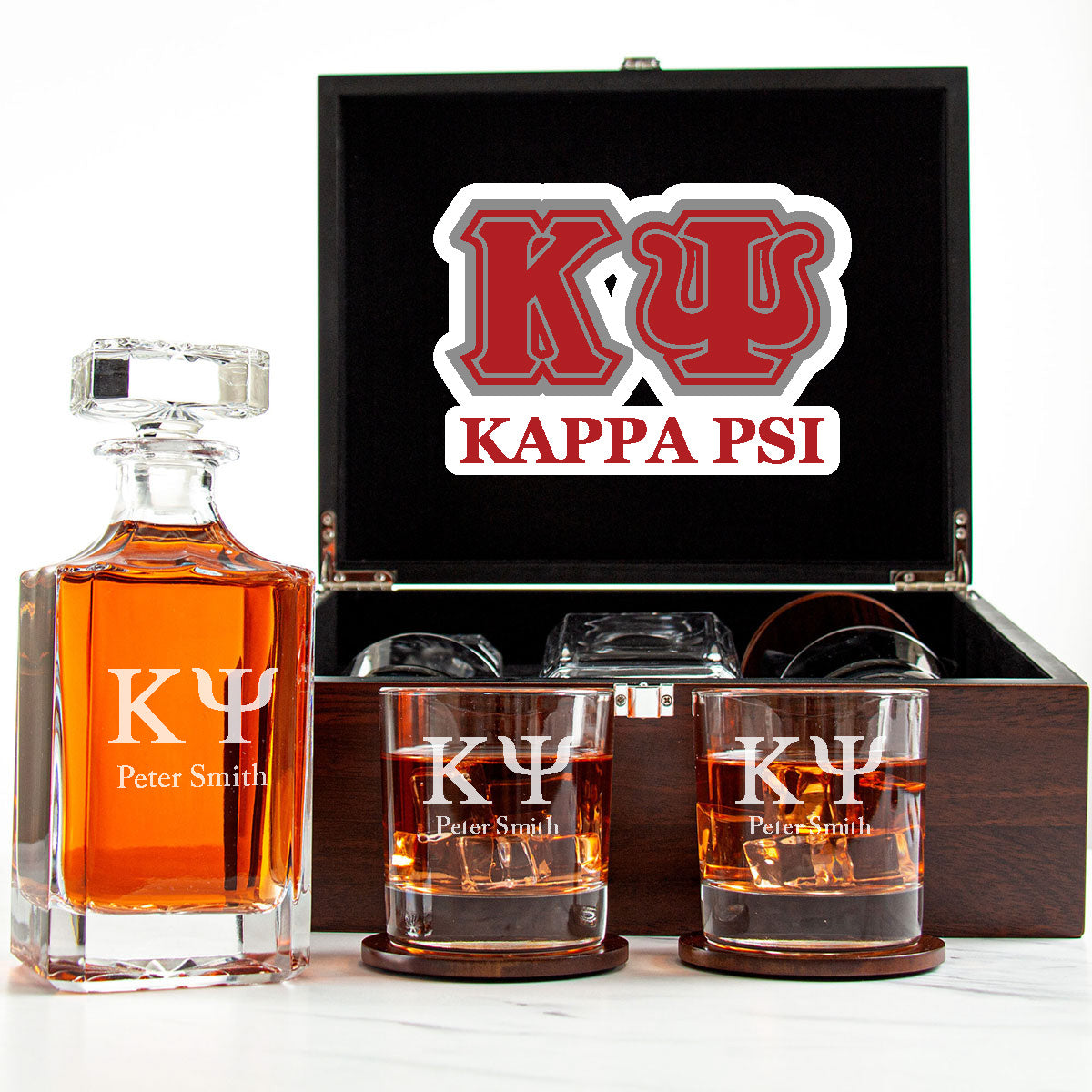 Kappa Psi Decanter Set With Dark Brown Wood Gift Box