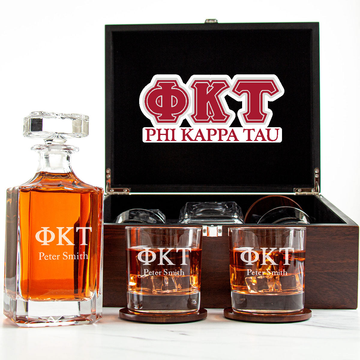 Phi Kappa Tau Decanter Set With Dark Brown Wood Gift Box