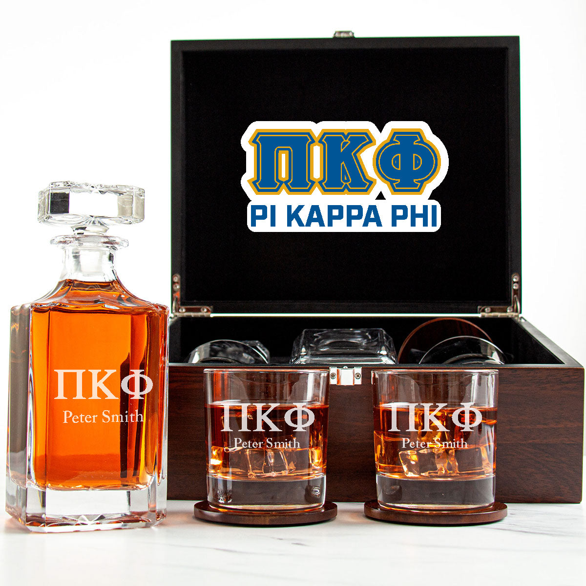 Pi Kappa Phi Decanter Set With Dark Brown Wood Gift Box