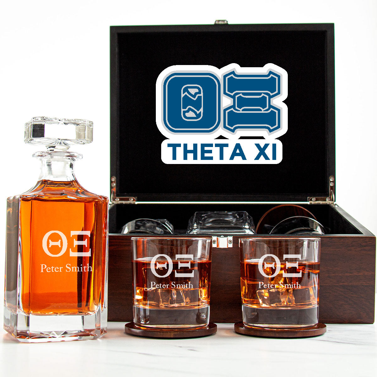 Theta Xi Decanter Set With Dark Brown Wood Gift Box