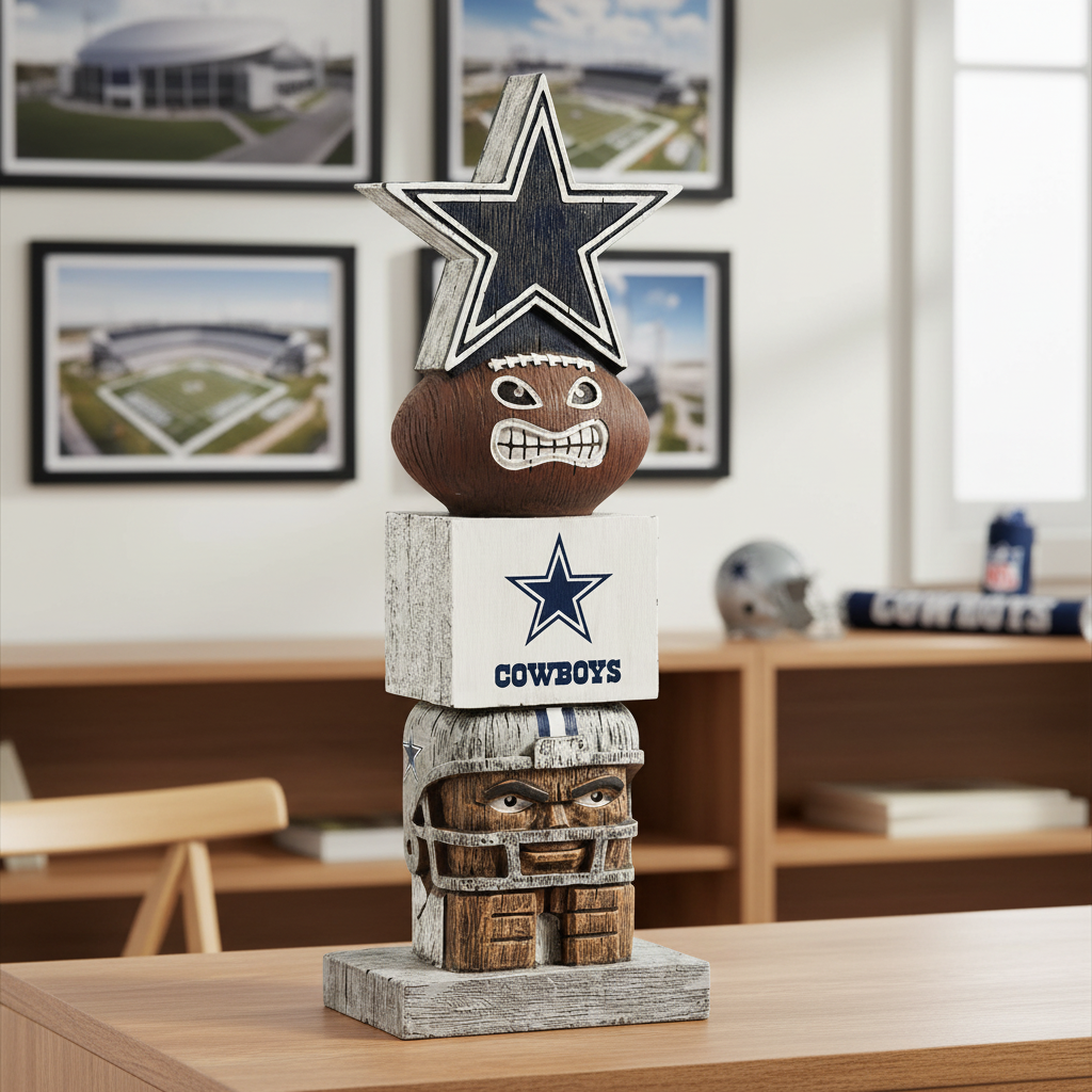 Decorative totem with Dallas Cowboys logo on a wooden surface
