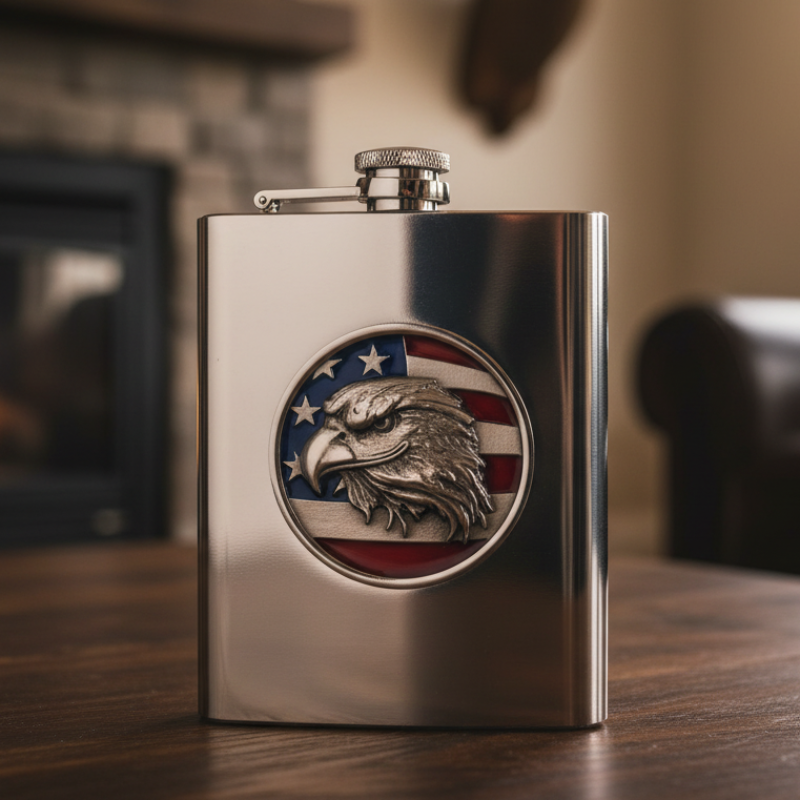Eagle and American Flag 8oz Stainless Steel Flask - Fine Pewter Casting - Made in USA