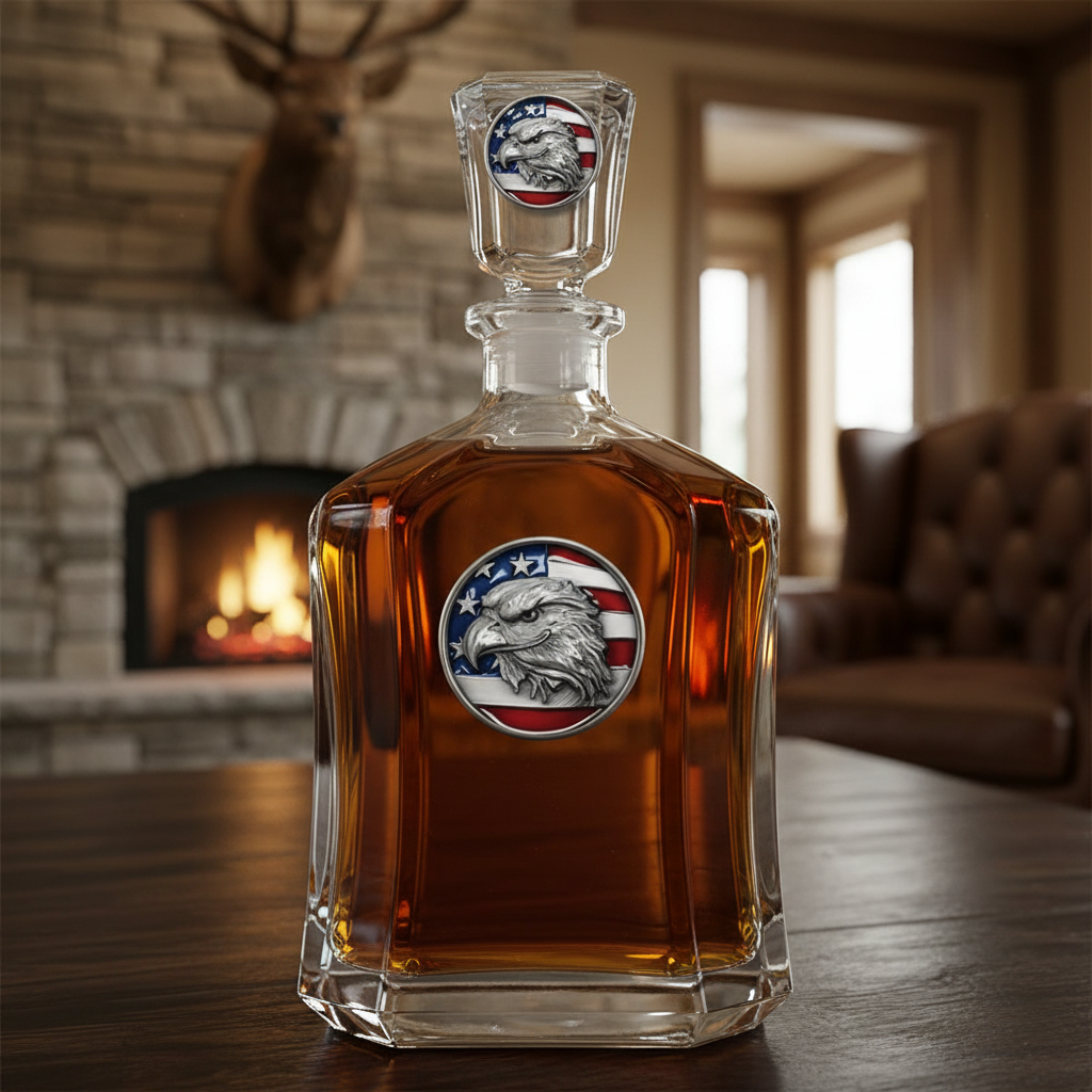 Eagle Head with American Flag Whiskey Capitol Decanter - 24oz with Fine Pewter Casting - Made in USA