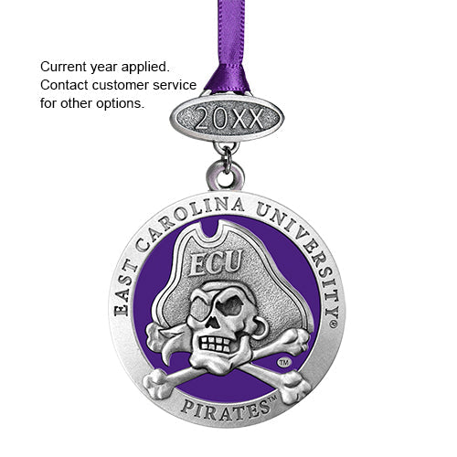 East Carolina University Pirates ornament with purple ribbon on a white background