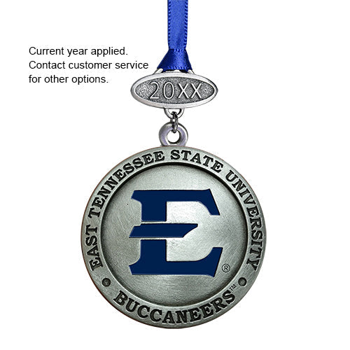 East Tennessee State University Buccaneers ornament with blue ribbon on a white background