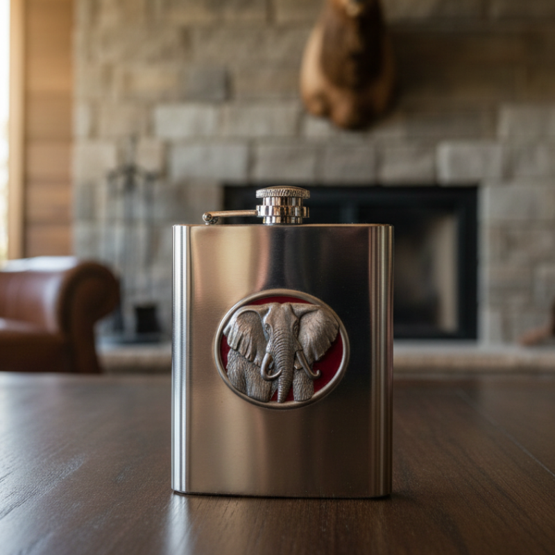 Red Elephant Stainless 8oz Steel Flask with Fine Pewter Casting - Made in USA Gift