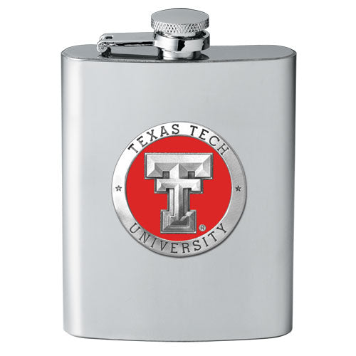 Stainless steel flask with Texas Tech University logo on a white background