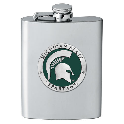 Stainless steel flask with Michigan State Spartans logo on a white background