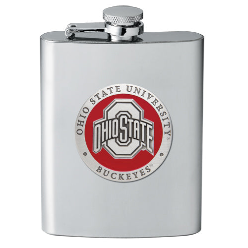 Stainless steel flask with Ohio State University logo on a white background