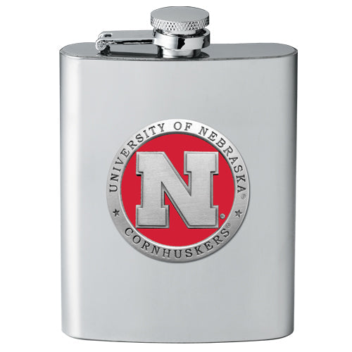 Stainless steel flask with University of Nebraska Cornhuskers logo on a white background