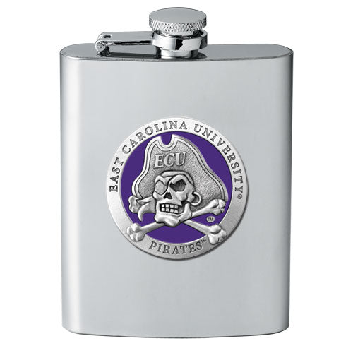 Stainless steel flask with East Carolina University logo on a white background